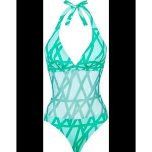 Vilebrequin Green Aqua Bicolor Ribbon Print Mesh One Piece Swimsuit Size US 6